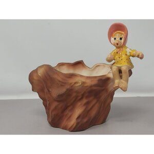 Vintage Enesco Girl Figurine Ceramic Planter With Tree‎ Stump Design